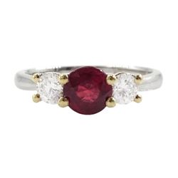 18ct white gold three stone ruby and round brilliant cut diamond ring, hallmarked, ruby ap...