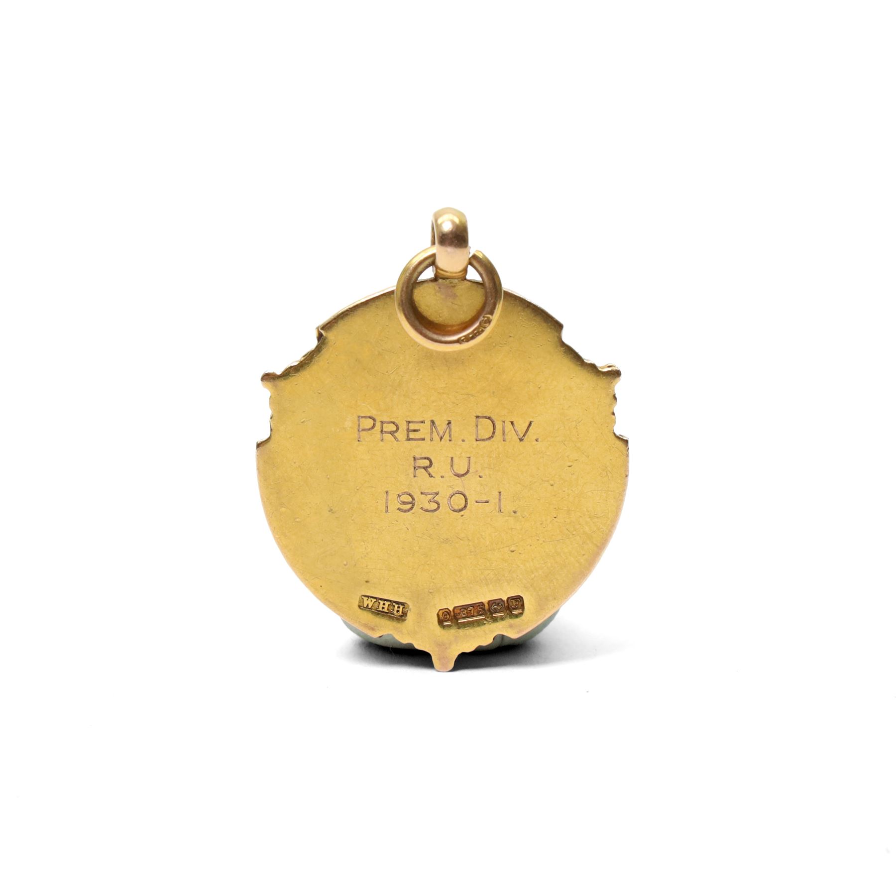 9ct gold enamel football fob, Birmingham 1930