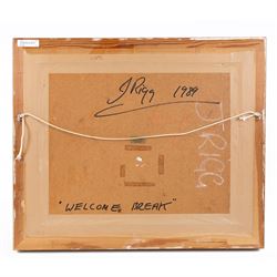 Jack Rigg (British 1927-2023): 'Welcome Break' - Misty Whitby Harbour, oil on canvas board signed and dated 1989, titled verso 39cm x 49cm