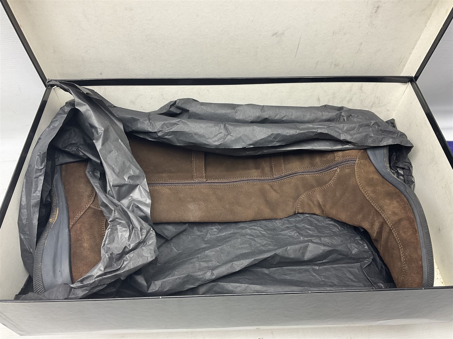 Collection of designer ladies shoes and boots, to include Donald J Pliner black court wedge, Stuart Weitzman over the knee stretch boots, Aquatalia Carmen boots, two pairs of Kurt Geiger ankle boots and Russel & Bromley Canterbury riding boots, various sizes, all in boxes (6)