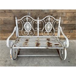 Wrought metal rocking garden bench seat, in antique grey finish