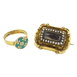  Georgian 18ct gold enamel shield ring, hallmarked and a gold mounted split seed pearl mourning brooch  