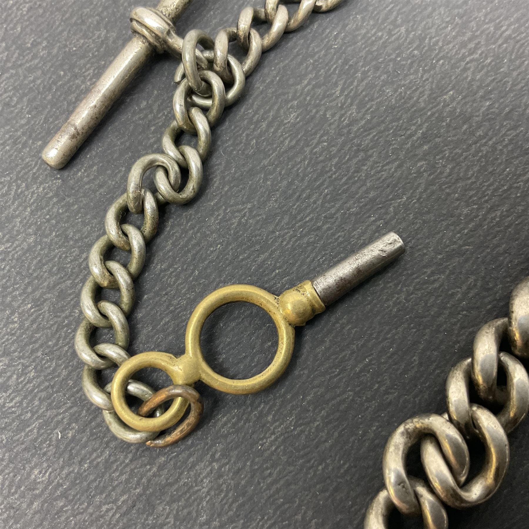 Victorian silver pair cased fusee lever pocket watch, No. 6765, cream enamel dial with Roman numerals, case makers mark R.S, Birmingham 1861, on silver Albert chain