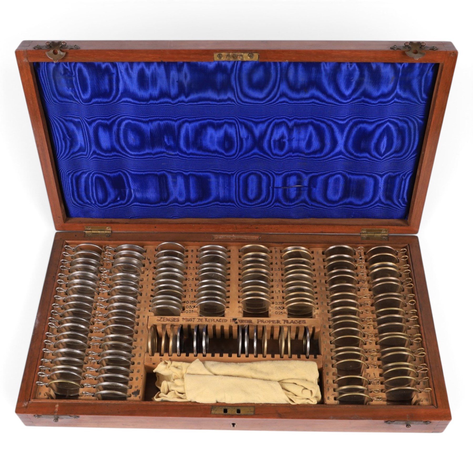 Holborn Surgical Instrument Co. Ltd set of opticians testing lenses, in fitted wooden box