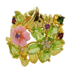 Silver-gilt gemstone set flower cluster ring including coral, garnet, peridot and amethyst, stamped 925