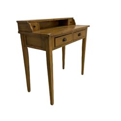 Pine dressing table/side table, raised back fitted with small drawers, rectangular top over two drawers, square tapering supports