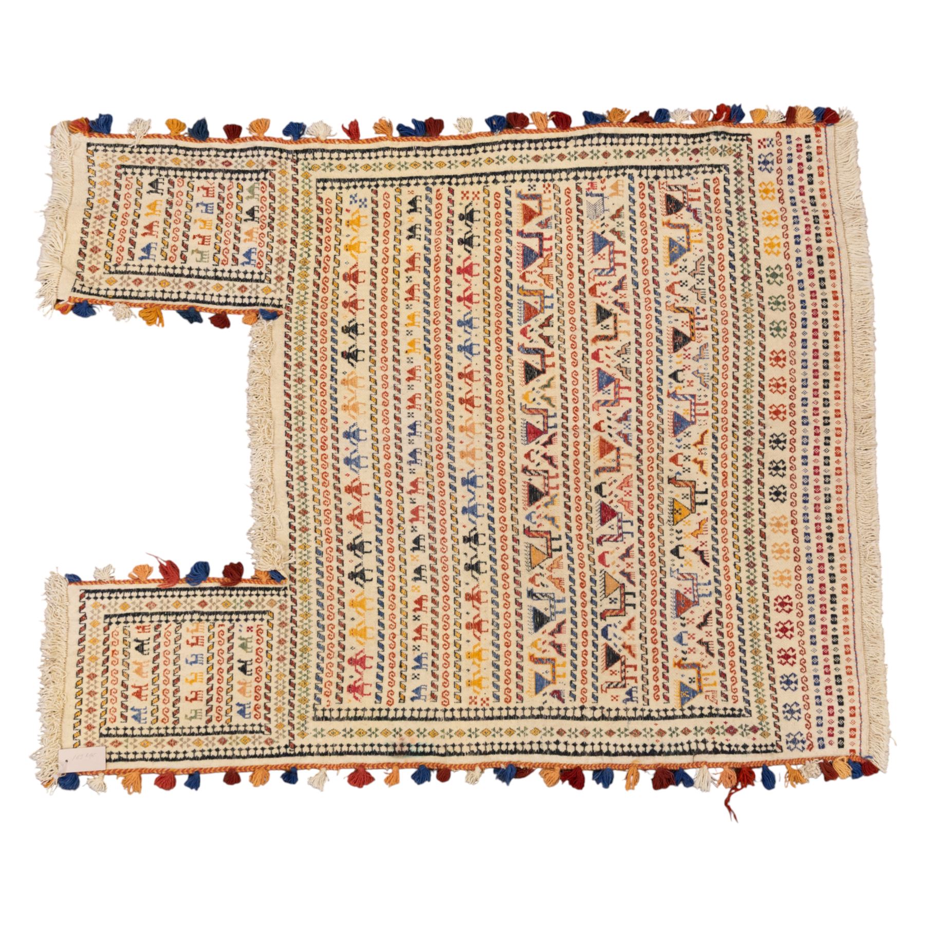 South West Persian Qashqai flatweave kilim horse cover, woven in flatweave with horizontal bands of stylized animals and geometric motifs, featuring repeated rows of horses and camels and abstract figures interspersed with serrated and meander bands, enclosed within simple geometric borders 