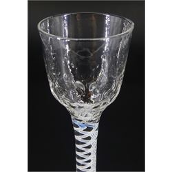 18th century drinking glass, the ogee part honeycomb moulded bowl upon a single series opaque twist stem and conical foot, H14.5cm