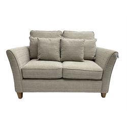 Two seat sofa, upholstered in textured cream and grey cord fabric, on square tapering feet