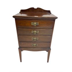 Mahogany finish music cabinet, with raised shaped back and fitted with four fall front drawers