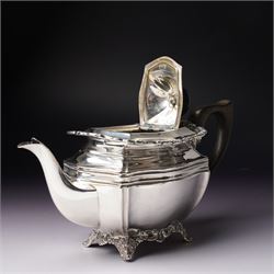 Edwardian silver three piece bachelors tea set of panel sided rectangular form with shell and scroll borders on shell moulded feet London 1903- 1905 Maker Josiah Williams & Co