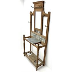 Edwardian walnut hallstand with centre mirror and tiled back, sing, single marble shelf, turned supports joined by undertier, six hooks