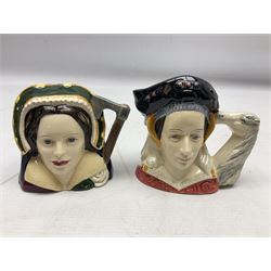 Royal Doulton Henry VIII and his Six Wives Character Jugs, comprising of Henry VIII D6647, Catherine of Aragon D6657, Anne Boleyn D6650, Jane Seymour D6746, Anne of Cleves D6753, Catherine Howard D6692 and Catherine Parr D6751, tallest H10cm