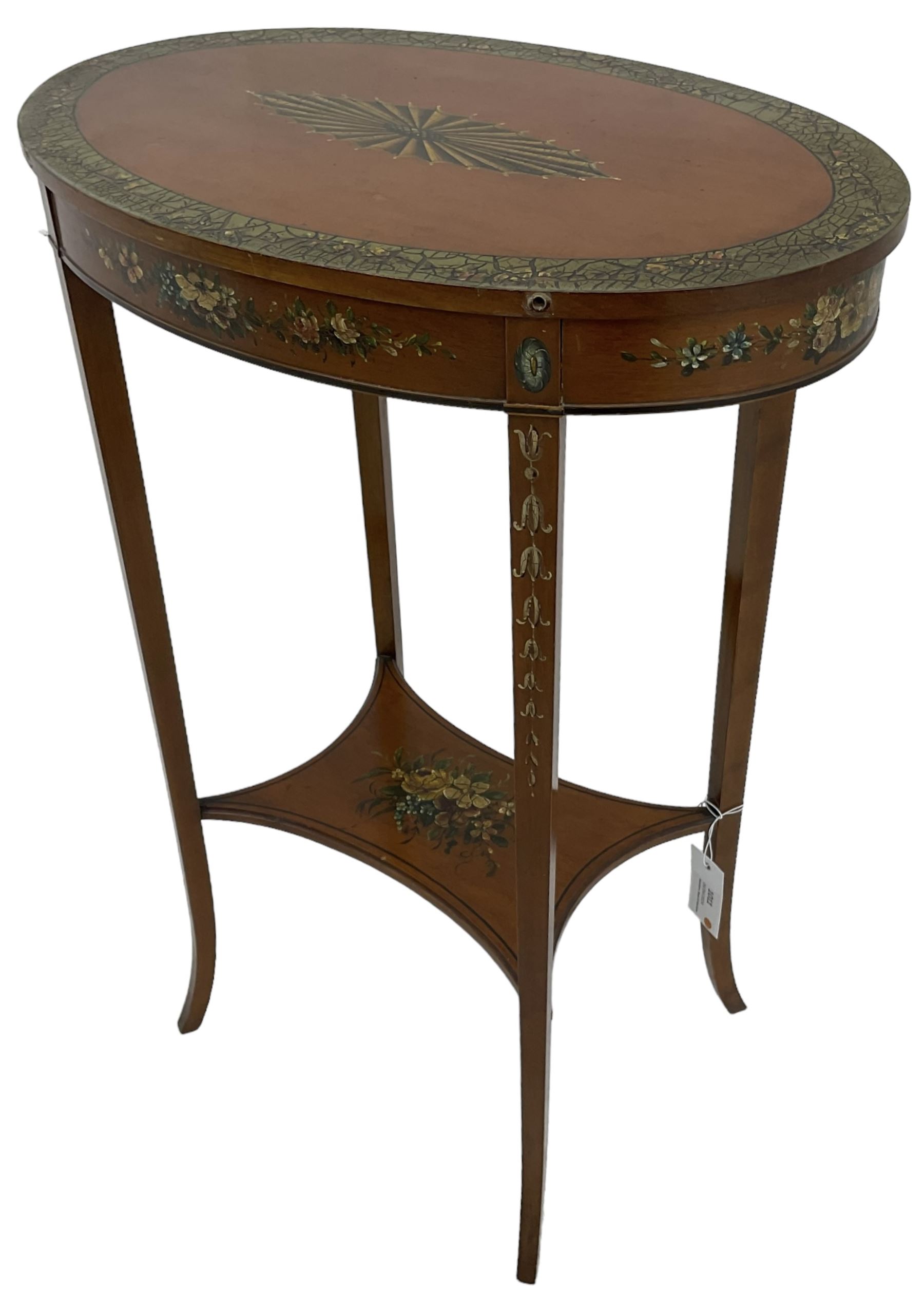 Edwardian satinwood side table, oval top hand painted with central fan motif and trailing flower heads, on square tapering supports terminating to out-splayed feet, united by moulded undertier 