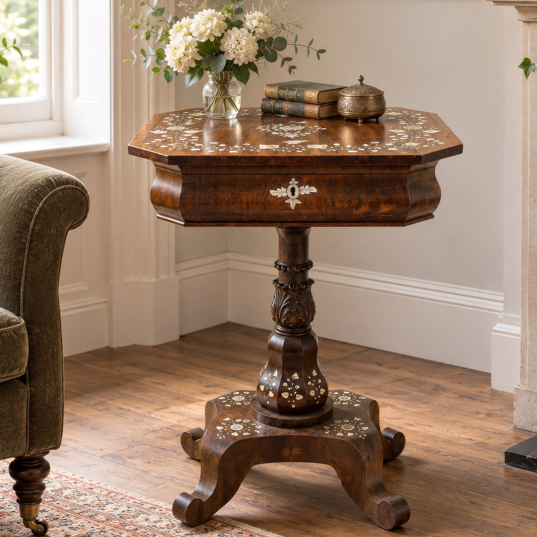 Victorian mahogany and mother-of-pearl inlaid work table, the octagonal hinged top enclosing a mirror and fitted compartmented interior, raised on a carved pedestal and quatriform platform base with scrolled feet