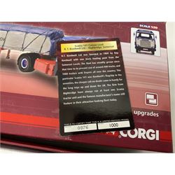 Corgi - Hauliers of Renown, three 1:50 scale models comprising CC14020 Volvo FH Curtainside - McMullan Transport Balleymoney, Co. Antrim, Northern Ireland no.820/1750; CC15006 Iveco Stralis Fridge Curtainside P. Harper & Sons Ltd - Ramsey, Cambridge, no.987/1000; CC15303 Scania 141 Canvas Load R. T. Keedwell Ltd - Highbridge, Somerset no.876/1000; all boxed 