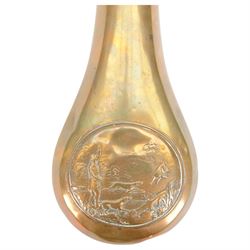 Copper gun powder flask, marked 'James Dixon & Sons' decorated in relief with hunter with pointer, L20cm