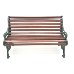  Early 20th century garden bench seat, the cast iron ends with scroll feet decorated with Thistle, Rose and Shamrock, Rd.No.72957, wooden slatted seat and back, W140cm, D66cm, H84cm  