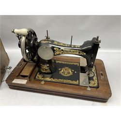 Frister & Rossmann Hand Sewing Machine in wooden case, together with vintage gas Iron 'The Rhythm' no.375U