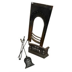 Cast iron fire surround (51cm x 92cm), fire front and set three fire irons
