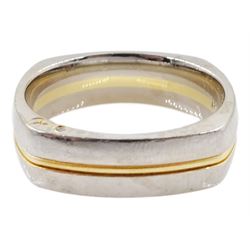 18ct white gold and centre striped yellow gold wedding band, set with two single stone diamonds by A.Jaffe, New York, hallmarked Edinburgh 2003