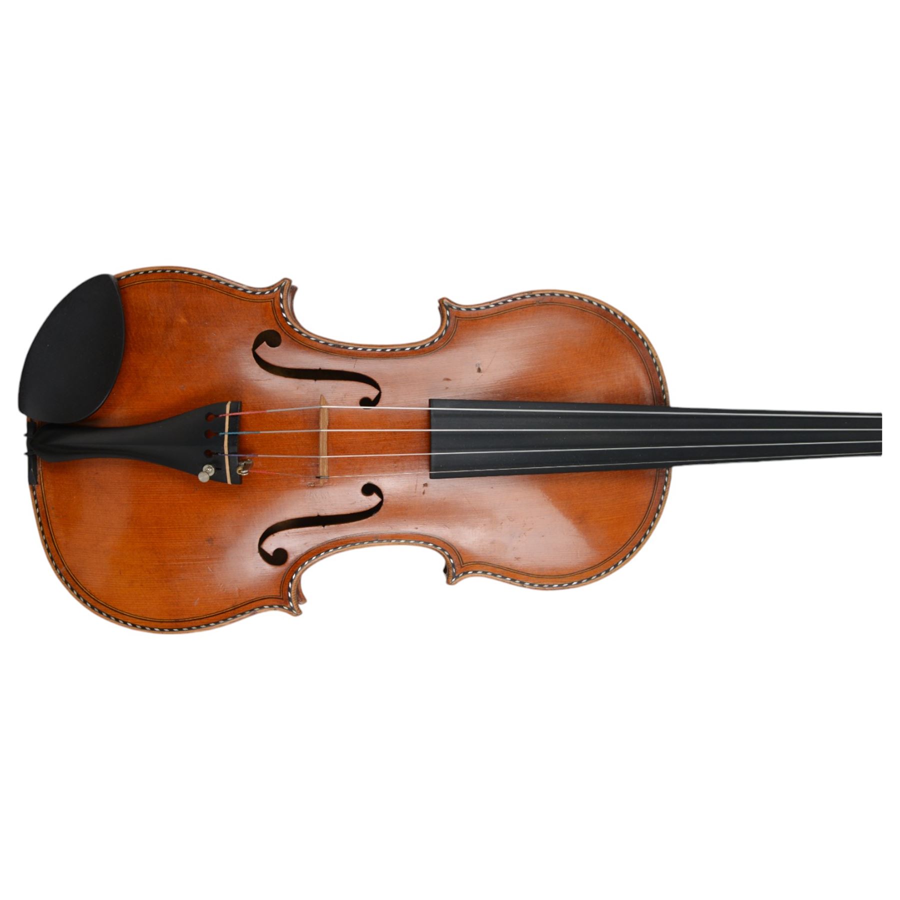 19th century full size European violin, spruce top, figured maple full back and sides, double purfling, in fitted case with two bows.