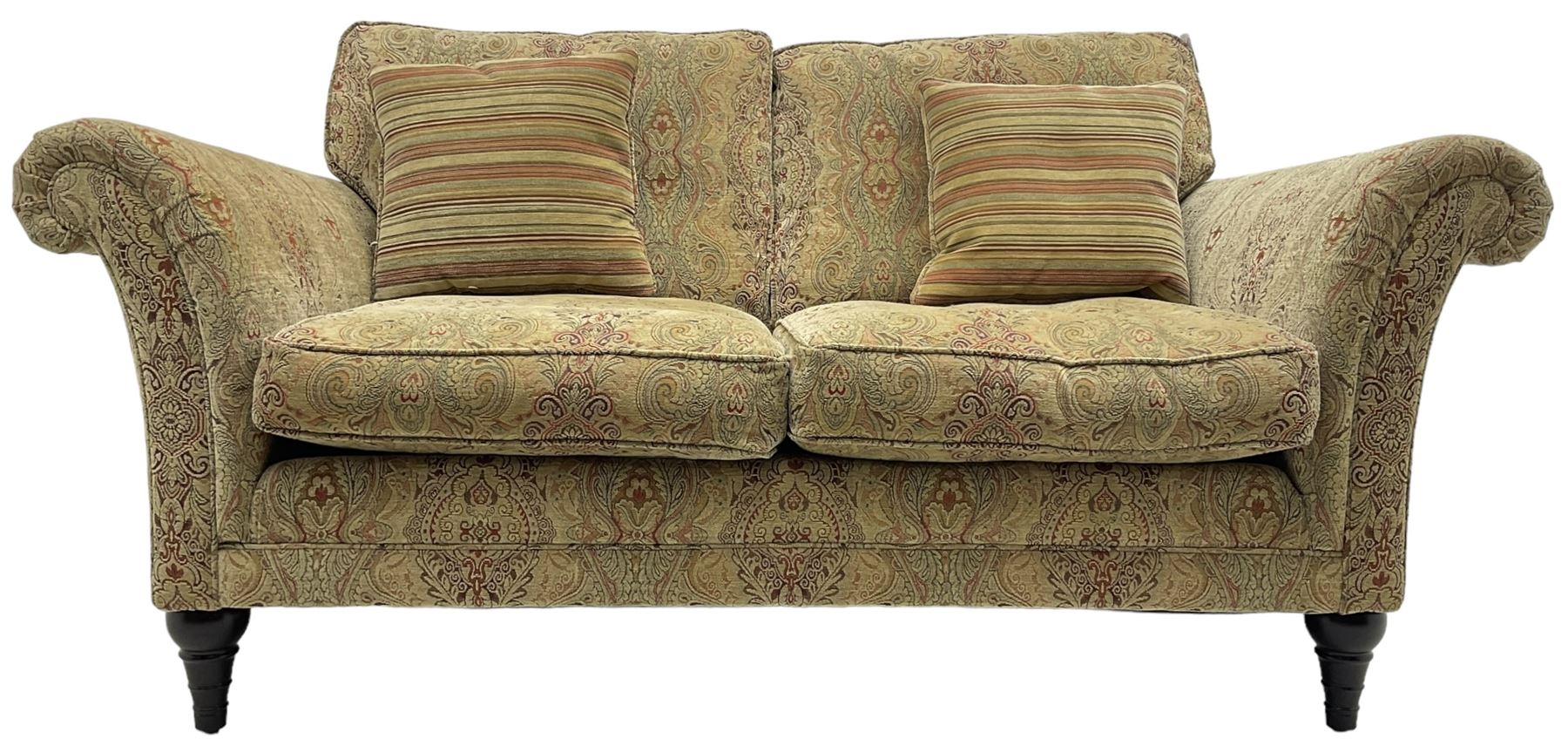 Parker Knoll - 'Burghley' two-seat sofa, upholstered in 'Baslow Medallion' gold floral pattern fabric
