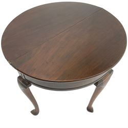 19th century walnut demi-lune side table, hinged two leaf top revealing storage well and flat surface, single gate-leg action base, on cabriole supports with pointed feet
