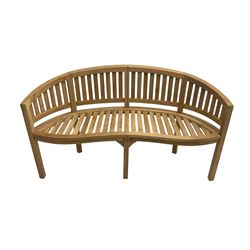 Solid teak garden bench, curved back and serpentine slatted seat