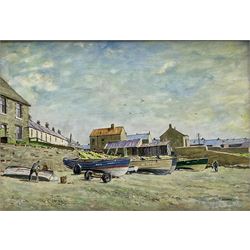 W G Wood (20th century): Cobles on a North East Beach, oil on board signed 37cm x 54cm