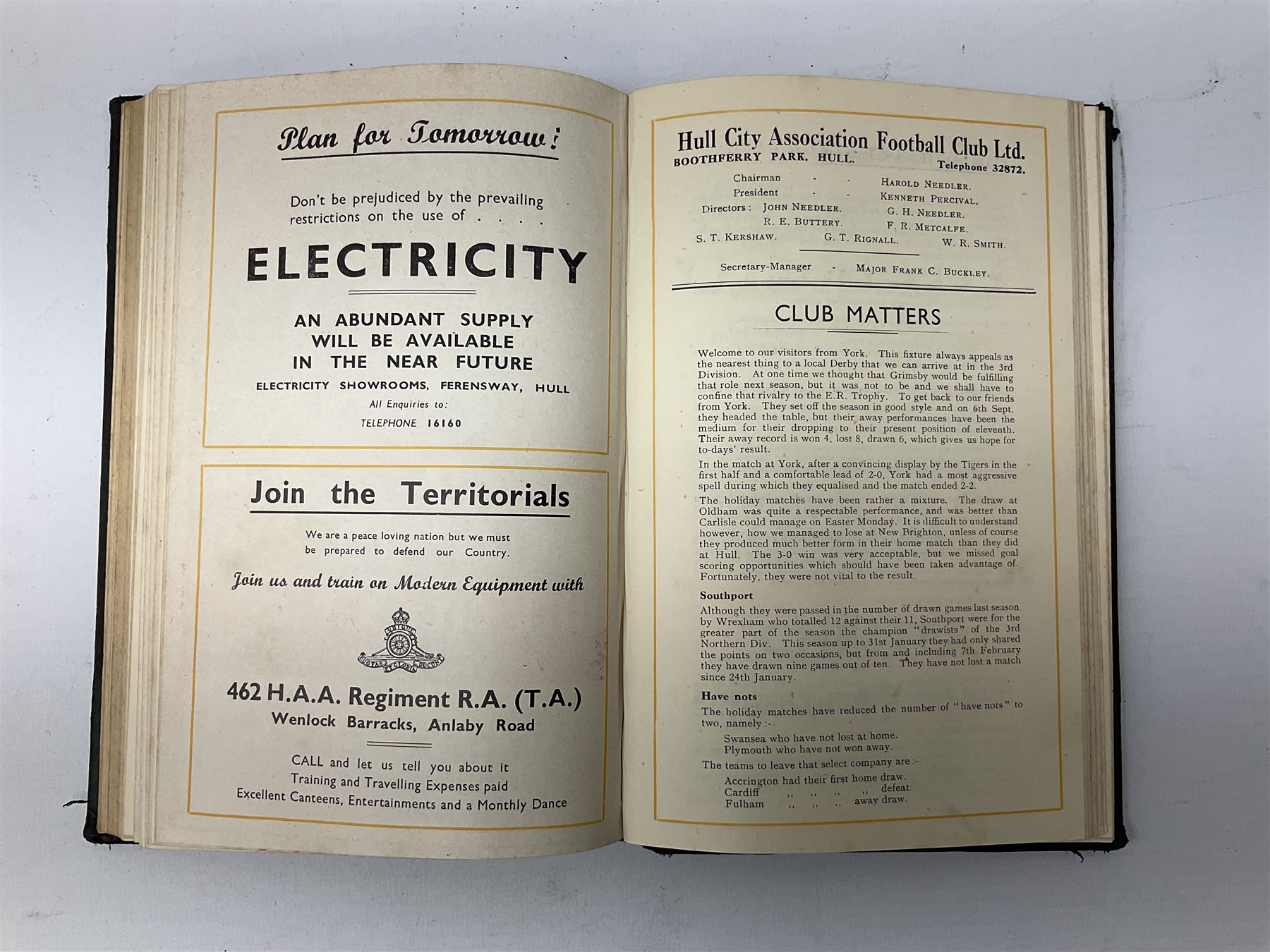 Hull City A.F.C. - two bound volumes of 1940s home match programmes; volume one 1946-7 season containing twenty-six programmes from 31/8/46 to 7/6/47 including Hull City Boys game 5/4/47 against Leicester Boys; volume two 1947-8 season containing twenty-five programmes including Raich Carter's first game 3/4/48 having taken over as player/manager 1/4/48. Uniformly bound in black half leather. Provenance: By direct descent from the family of Raich Carter having been consigned by his daughter Jane Carter.
