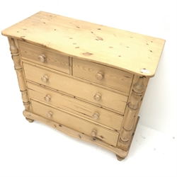 Solid pine serpentine top chest, two short and three long drawers, turned supports, W100cm, H91cm, D46cm