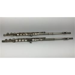 Boosey & Hawkes London Regent three-piece flute, serial no.345447; in B&H Bandhite hard carrying case; and Deg Music Company Inc. USA Claudel Model three-piece flute, serial no.491718, in hard carrying case (2)