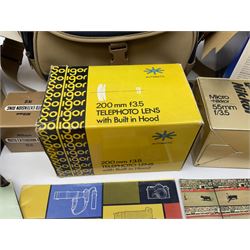 Cameras and accessories including Nikon Nikkormat camera with ‘Nikkor-H 1:2 f=50mm’ lens, Olympus C-8080 wide zoom digital camera, soft case camera bag etc, all untested, in one box