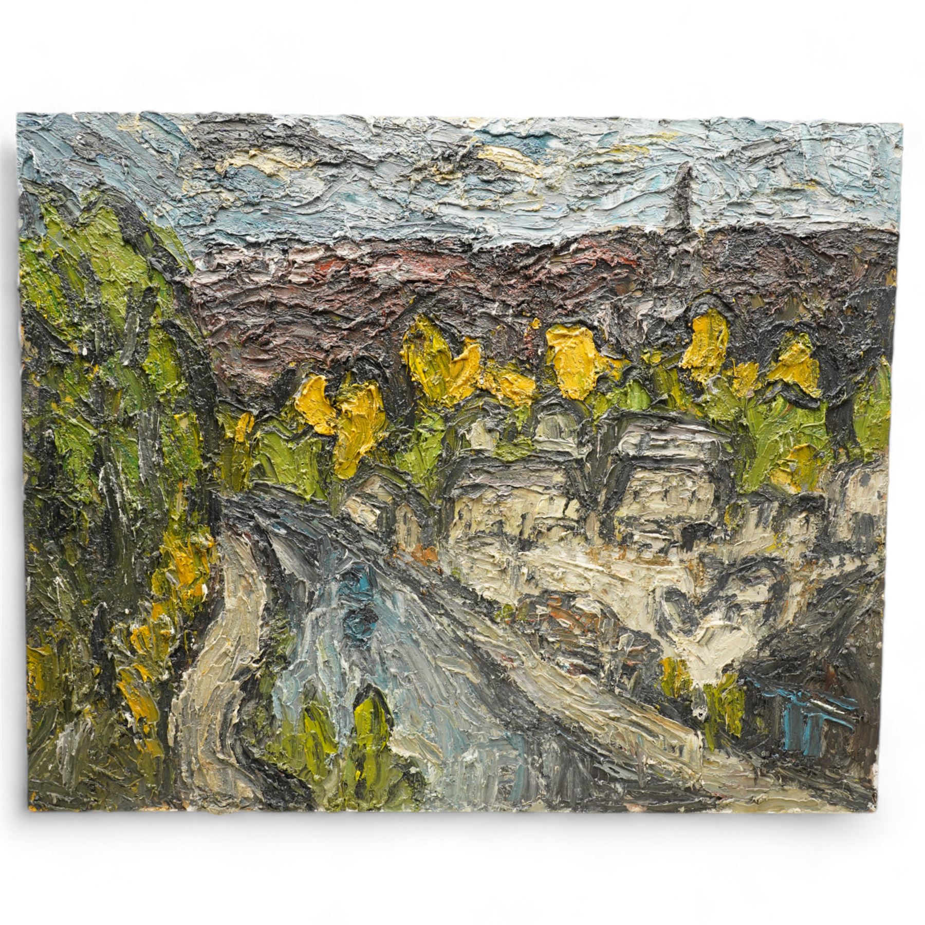 Barry De More (Yorkshire 1948-2023): 'Todmorden Canal with Blue Barge', oil and impasto on board signed, titled verso with Water Street Gallery label 61cm x 76cm
Notes: Acclaimed as one of the North's greatest expressionist artists, Barry De More (1948-2023) used a heavy impasto style to transfer his love of Yorkshire landscapes, townscapes and people to canvas. His work sits comfortably in the company of work by Kossoff and Auerbach, selling to collectors in the UK and overseas. De More's work can be found in the permanent collection of work by Northern Artists at Dean Clough, one of the UK's largest contemporary art galleries.