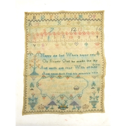  George IV sampler worked with the alphabet dated 1824, unframed, collection of vintage table linen, crochet table cloths, lace trim etc   