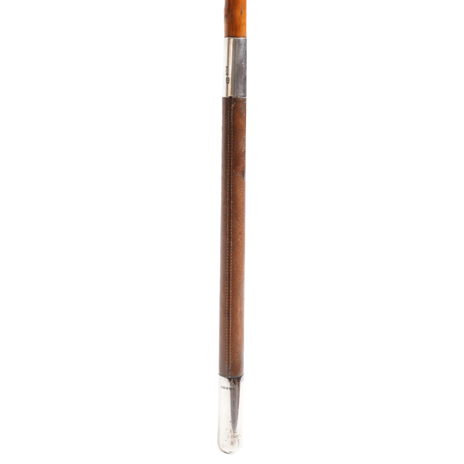 Swaine & Adeney( London) - 20th century yew coaching whip, silver ferrule engraved 'A.N.F Spicer From E.K Fownes' and silver butt end engraved 1912, hallmarked London, L160cm