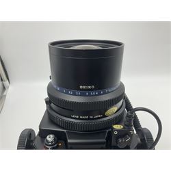 Mamiya RZ67 professional camera body, serial no 120282, with 'Mamiya-Sekor Z f=50mm 1:4.5 W' lens, serial no 18057 and RZ67 AE Prism Finder serial no 106809