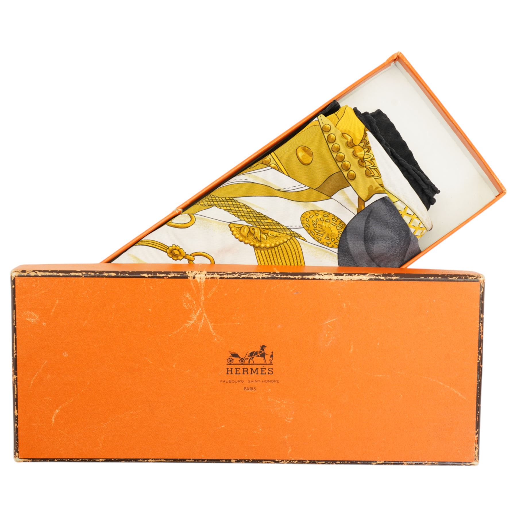 Hermes 'Soleil de Soie' or 'Silk Sun' silk scarf, in navy and gold colourway, designed by Caty Latham, 65cm x 65cm, in original Hermes box