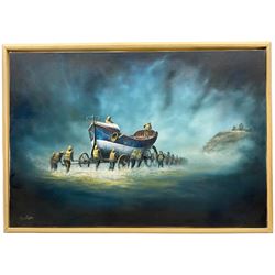 Dean Regan (Northern British 1960-): The Launching of the Robert and Mary Ellis Lifeboat at Whitby circa 1890, oil on canvas signed 75cm x 111cm 