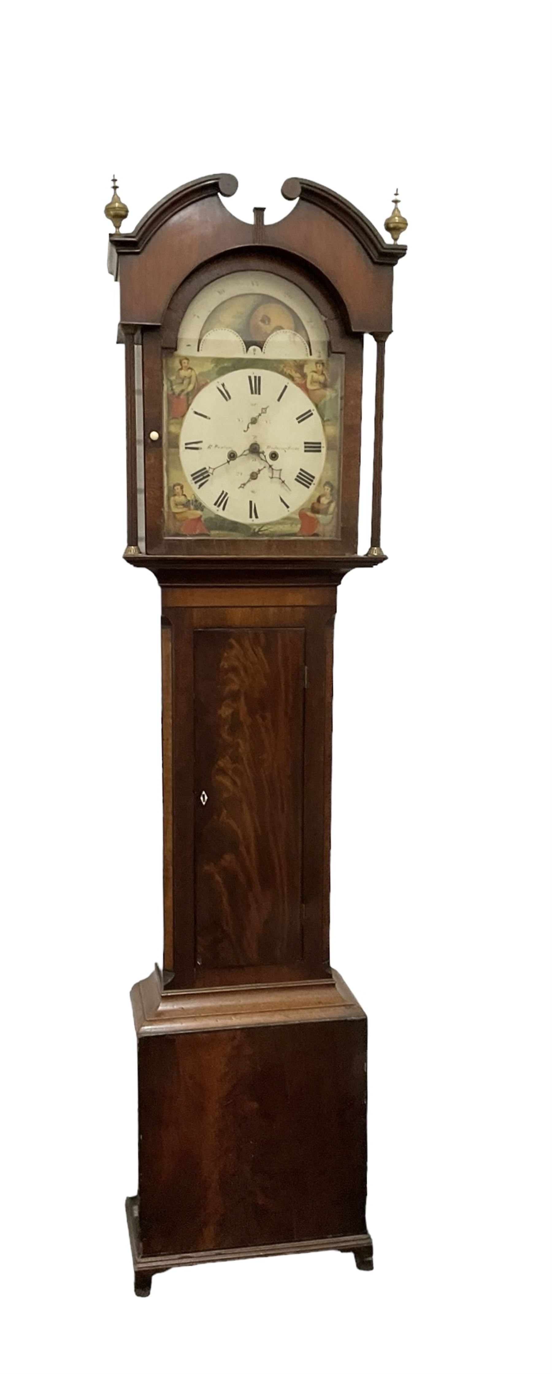 Ralph Weston (III) of Wolsingham (Co Durham)  -  Mahogany cased 30-hour Longcase clock, broken arch pediment with brass paterie and two ball and spire finials, break arch hood door flanked by reeded pilasters with brass capitals, trunk with canted corners and long flat topped door, rectangular plinth raised on bracket feet, painted dial with depictions of the four seasons to the spandrels and a working moon disc to the arch, with Roman numerals, dummy winding arbors, dummy seconds dial, calendar dial and steel hands, Dial pinned directly to a countwheel striking chain driven movement, with weight and pendulum.  
The Weston family of County Durham clockmakers were highly prolific family of North-Eastern clockmakers during the 18th and 19th century, Well known for producing many Thirty-Hour clocks with 