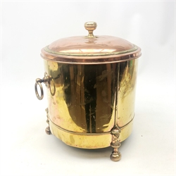  Early 20th century copper and brass coal bin and cover of cylindrical form, ribbon reeded detailing and ring drop handles, H41cm  