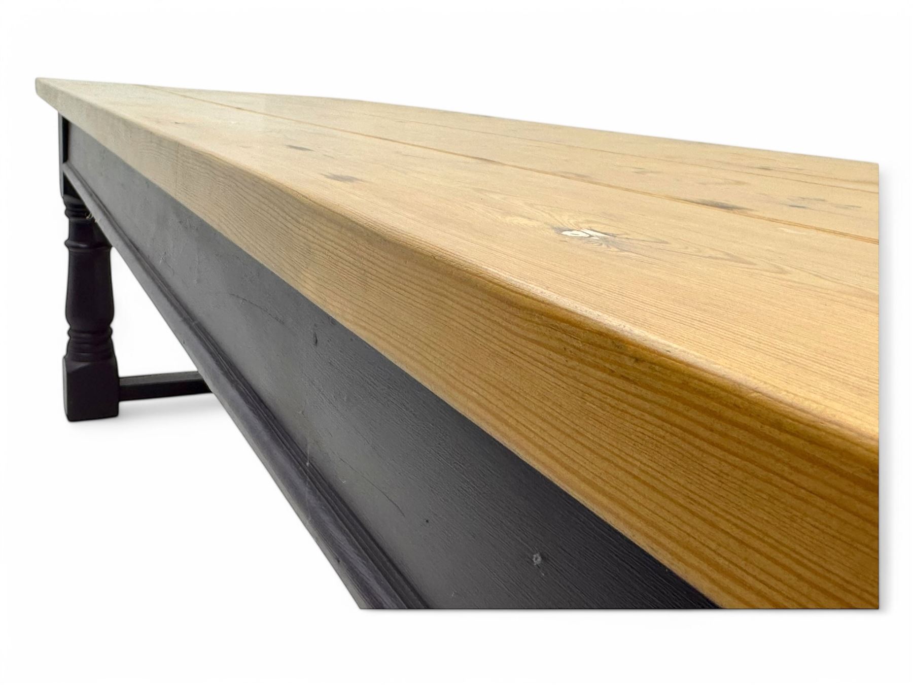 Late 20th century substantial pine refectory table, rectangular four-plank top over an indigo painted base featuring turned supports united by box stretchers