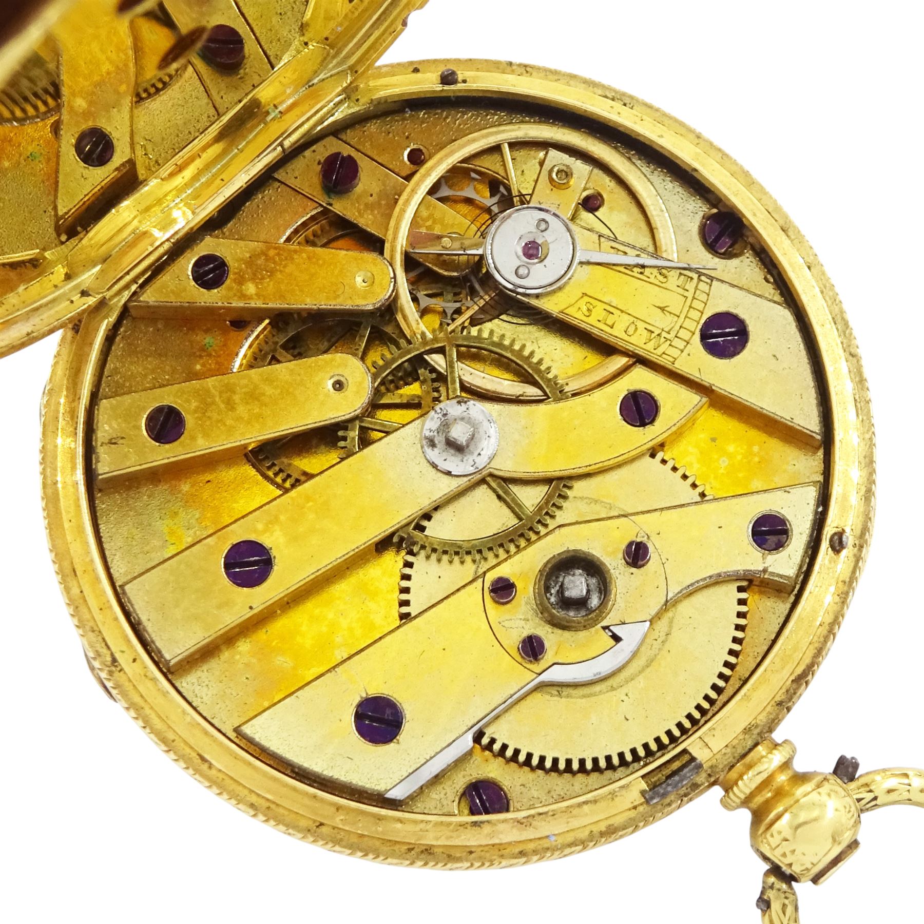 19th century 18ct gold open face, keyless cylinder fob watch, gilt dial with Roman numeral hour markers, case with engraved foliate decoration, stamped K18