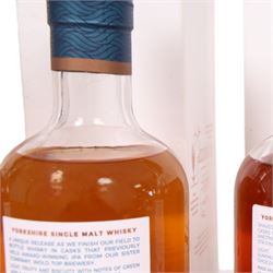 Spirit of Yorkshire Distillery, Filey Bay IPA Finish first batch single malt whisky, 70cl 46% vol, STR Finish  single malt whisky, 70cl 46% vol, Moscatel Finish  single malt whisky, 70cl 46% vol and Flagship  single malt whisky, 70cl 46% vol 