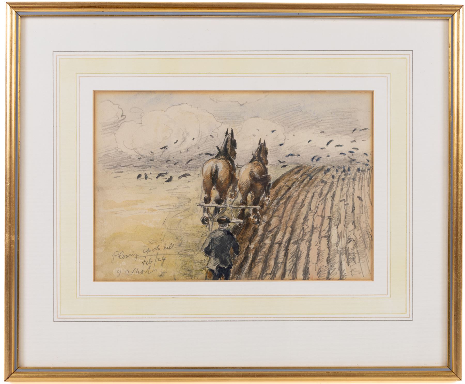 George Anderson Short (British 1856-1945): 'Plowing Up The Hill', mixed media signed titled and dated Feb '24, 18cm x 27cm