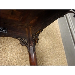  19th century mahogany urn stand, fret work gallery top, single slide, chamfered square supports with spade feed, small barrel castors, W30cm, H70cm, D30cm  