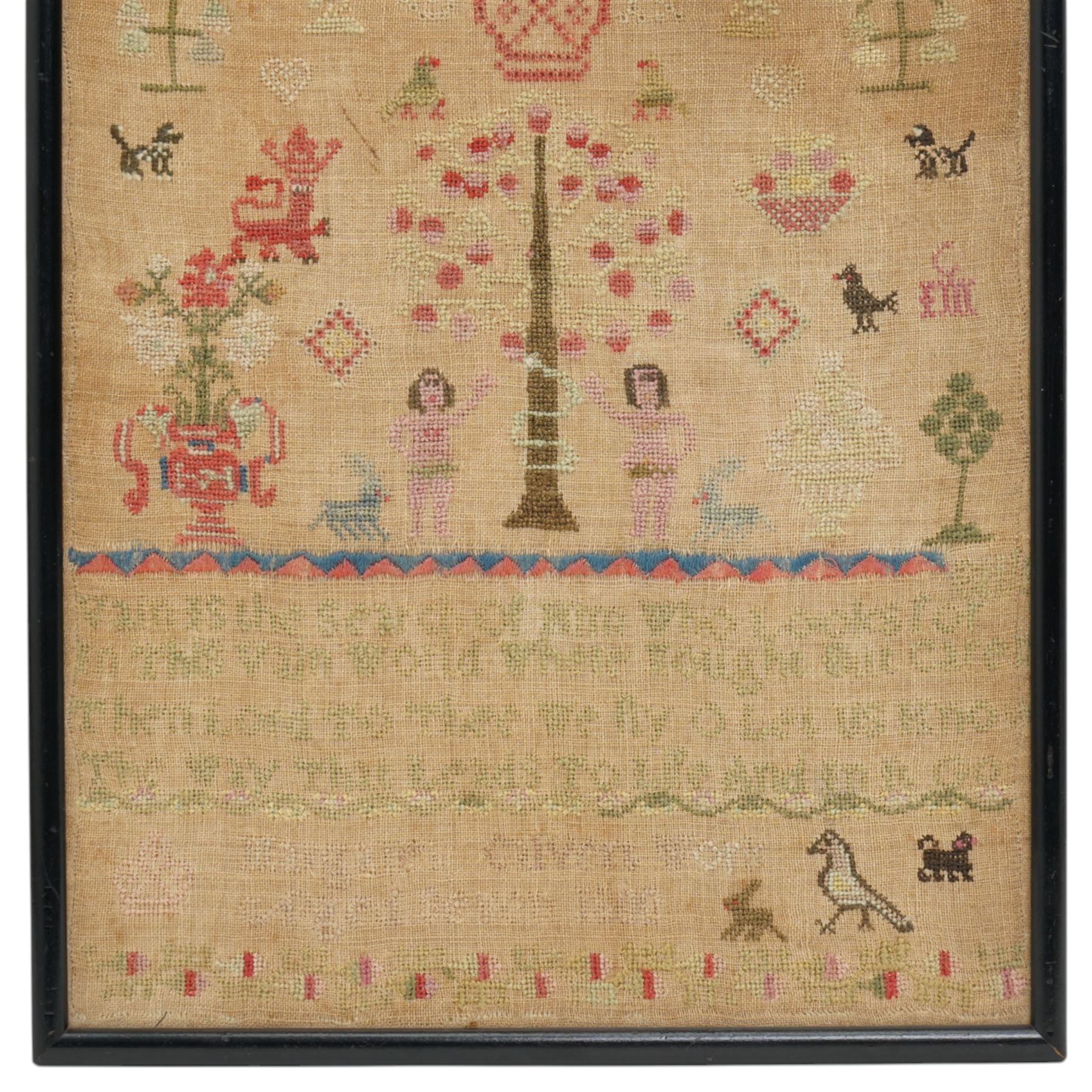 Early19th century needlework sampler by Margaret Calvert Aged Seven, 1800 with Adam and Eve with the tree of life, alphabet, numerals etc 46cm x 31cm