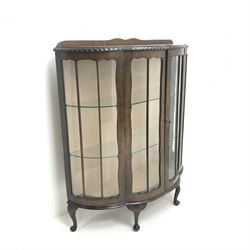 Early to mid 20th century display cabinet, two glazed doors enclosing two glazed shelves, cabriole feet, W105cm, H120cm, D39cm
