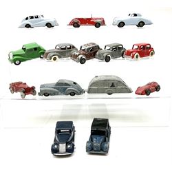 Timpo Toys - twelve unboxed and playworn die-cast models including Packard; racing car; taxi; caravan; two open-top sports cars etc; and two Timpo friction-drive plastic cars (14)